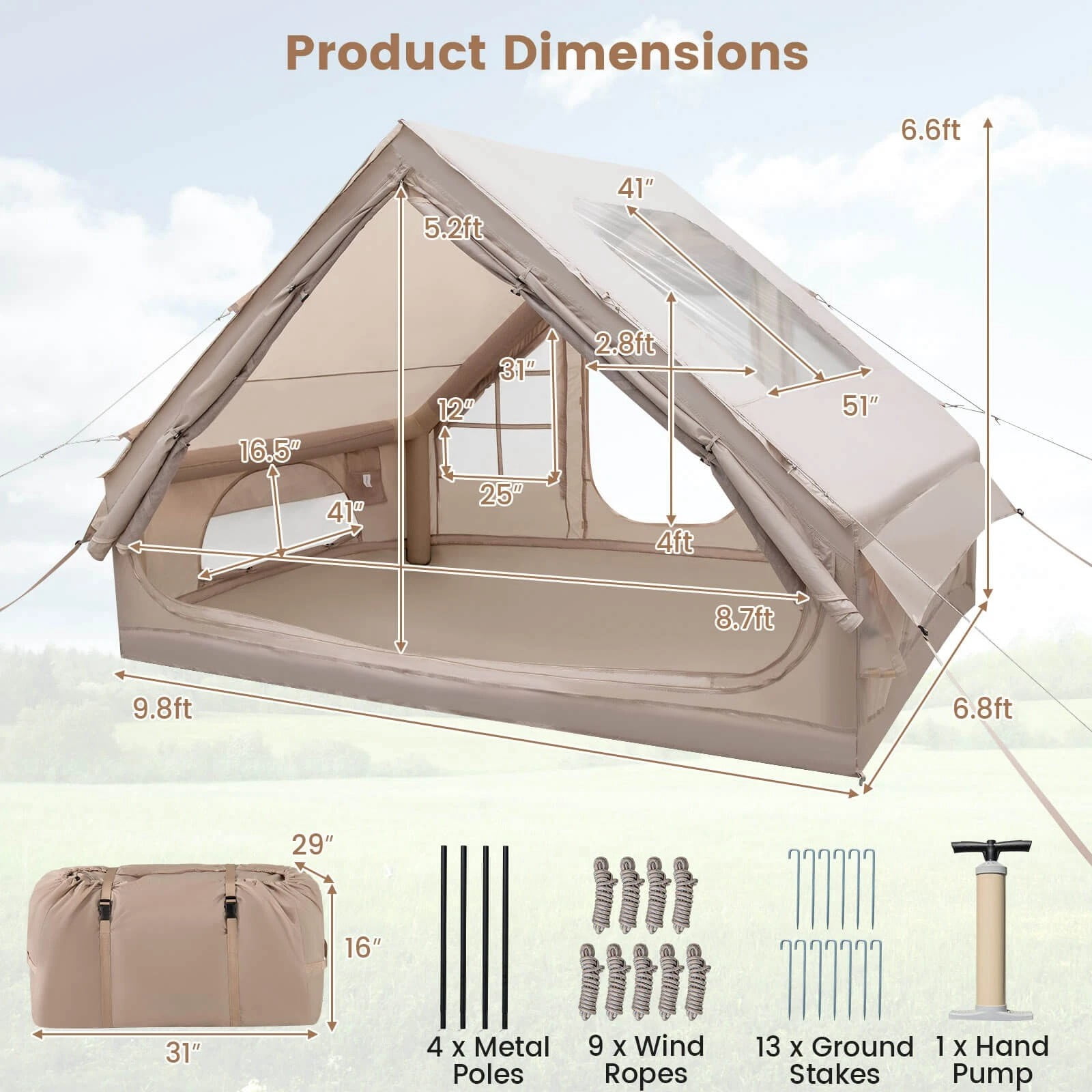 Auranook Inflatable Camping Tent 4-6 People Waterproof Blow-up Air Tent w/ Porch, Pump