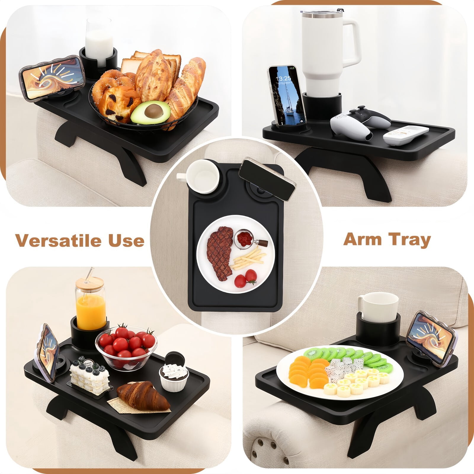 Kelno Couch Armrest Tray 3 in 1 Sofa Arm Tray Table with Swivel Cup Holder Phone Stand, Black