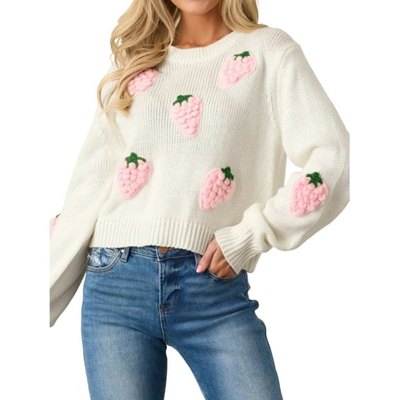 Womens Sweet 3D Strawberry Pattern Knitted Sweater Casual Loose Long Sleeve Pullover Sweater Tops Cream White S