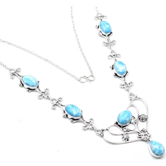 925 Sterling Silver Larimar Necklace Gemstone Jewelry Necklace Size- 18" inch