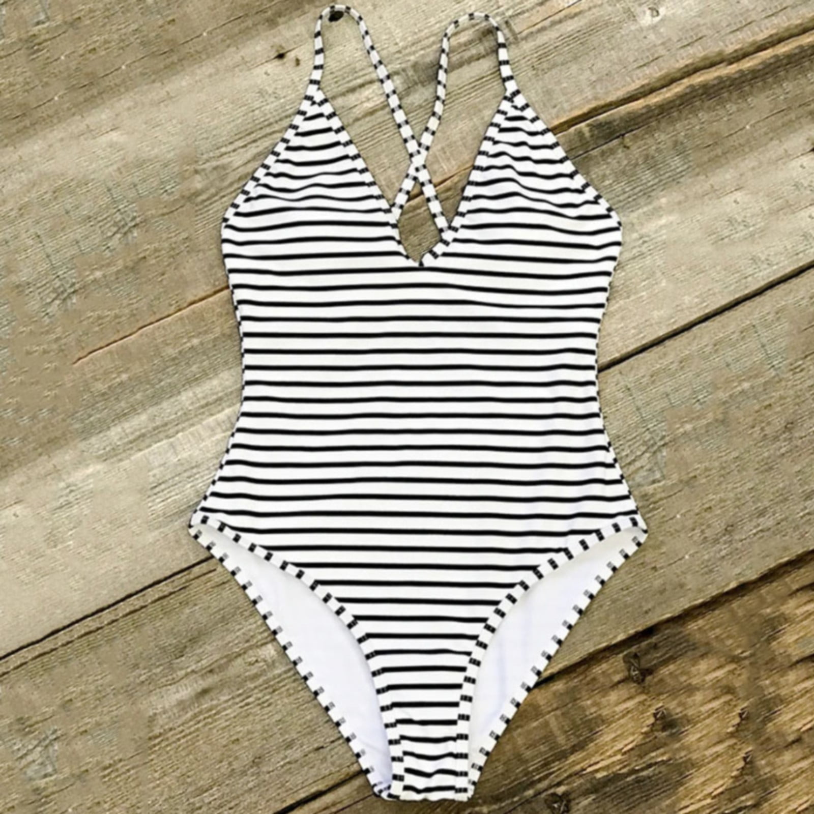 PMUYBHF Female Swimsuit Women 2 Piece High Waisted Striped Bikini Strap Jumpsuits Swimsuit Deep V Neck Backless Bathing Suits White XL