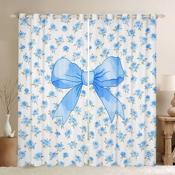 Erosebridal Blue Bow Rose Black Out Curtains for Boys Girls, Watercolor Ribbon Curtains Pack of 2 (42x63 Each)