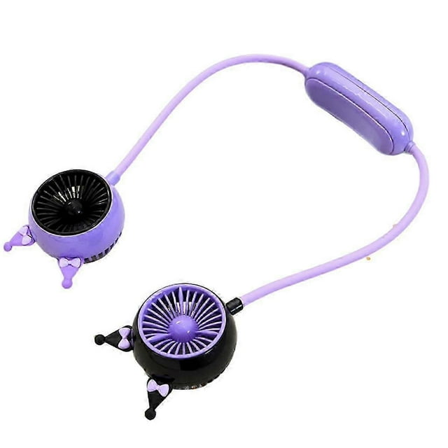 neck fan 300-500mah battery operated neckband fan hand-free wearable personal fan for hot flashes hom ventilador de cuello manos libres morado y negro con banda en U flexible, dos cabezas giratorias con aspas radiales visibles y pies abatibles tipo trípode, paquete con batería recargable integrada en la banda y carcasa ABS, mostrado sobre fondo blanco; también apto para refrescarse durante actividades al aire libre y compartir aire con otra persona.