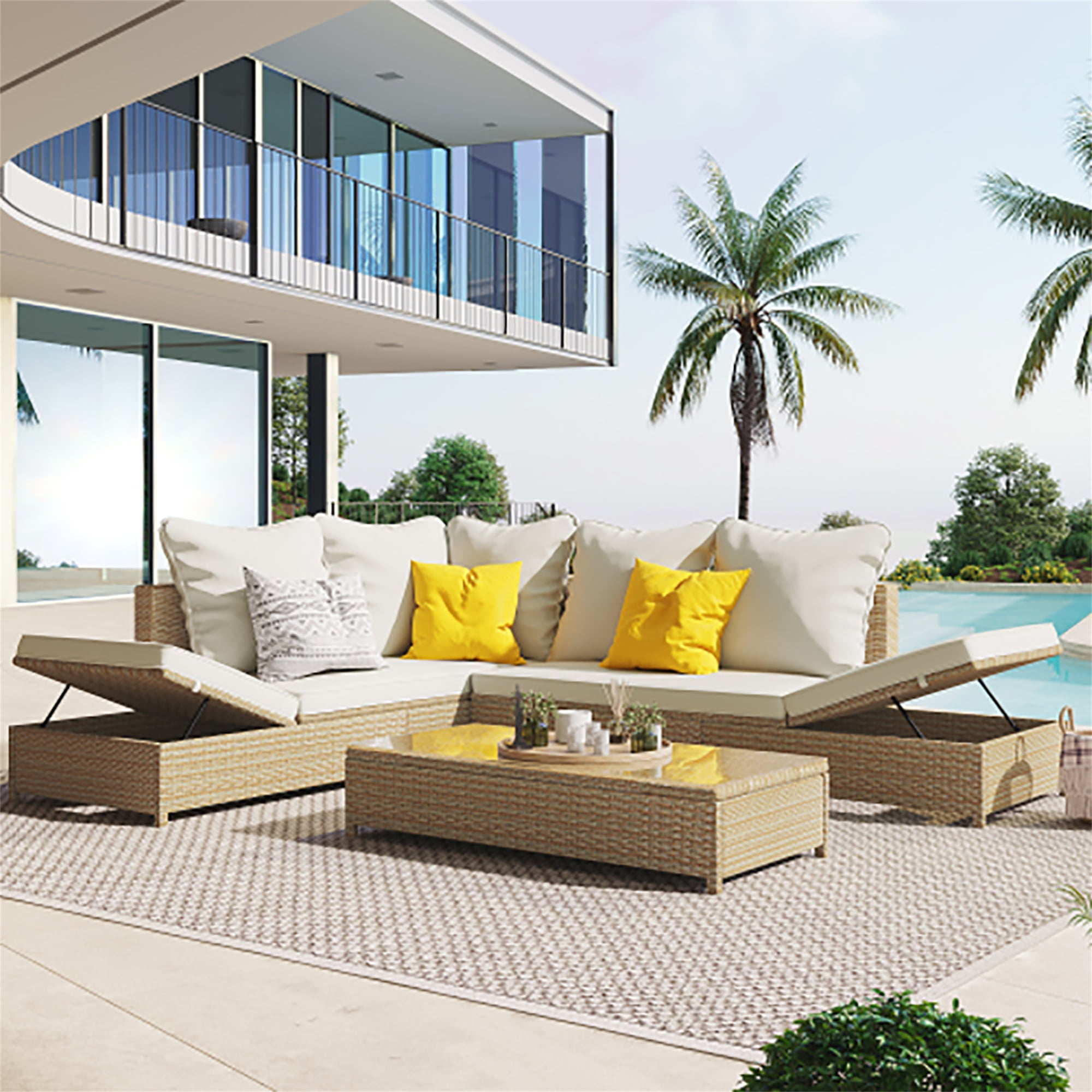 Kadyn All Weather PE Wicker Sectional Set with Adjustable Chaise Lounge Frame and Tempered Glass Table, Patio 3-Piece Rattan Sofa Set ， Brown