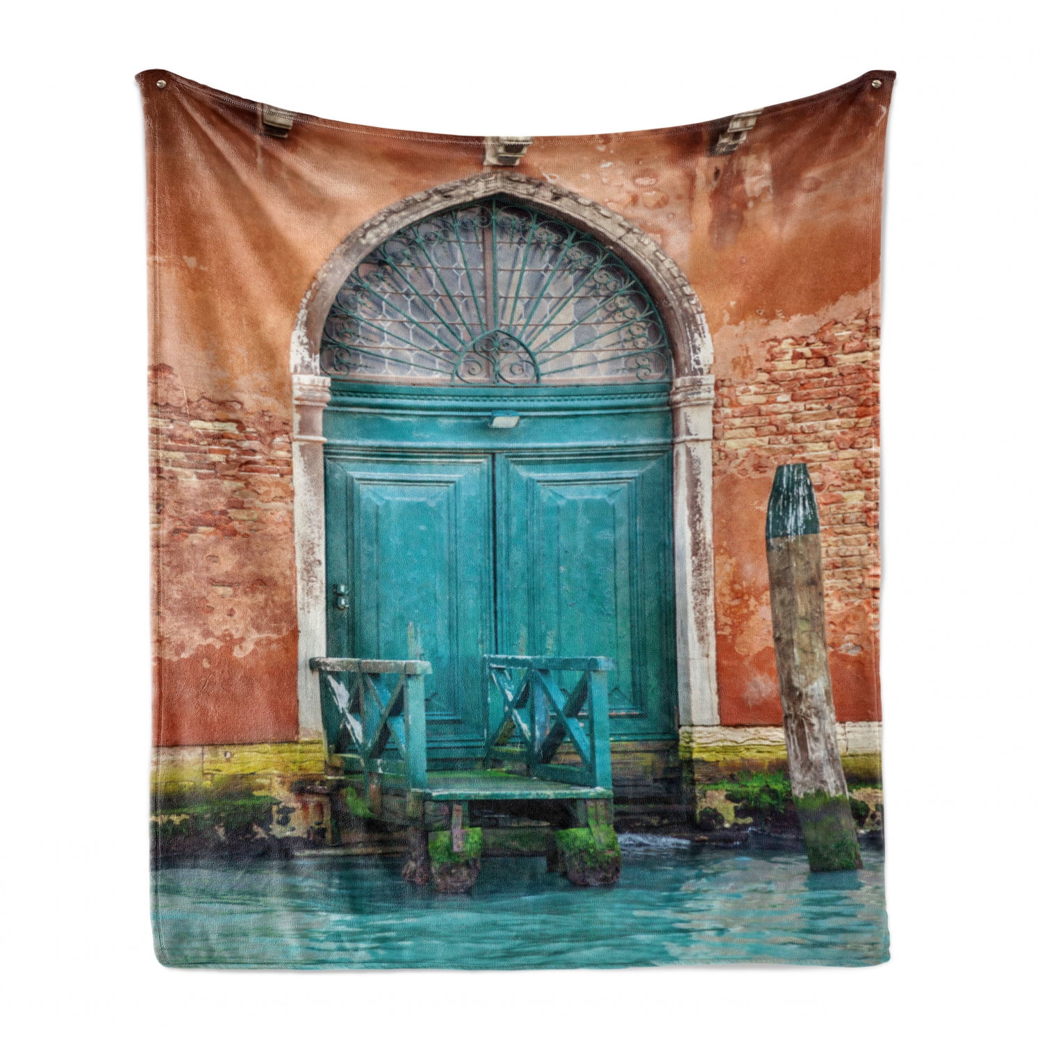 60 x 80 Ambesonne Venice Soft Flannel Fleece Throw Blanket Building with Antique Door Entrance City on Water Historical Urban Cinnamon Sky Blue Cozy Plush for Indoor and Outdoor Use 