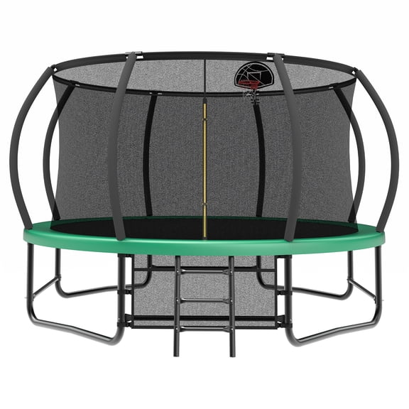 JERFIT 14ft Outdoor Trampoline with Safety Enclosure Net, Rust-Resistant Steel Frame, Included Ladder, UV Protection, ASTM Certified for Kids and Family Backyard Fun (Green)