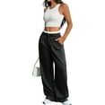 thumbnail image 3 of Womens Baggy Wide Leg Pants Casual Stripe Elastic Waisted Palazzo Harem Pants with Pockets Black L, 3 of 7