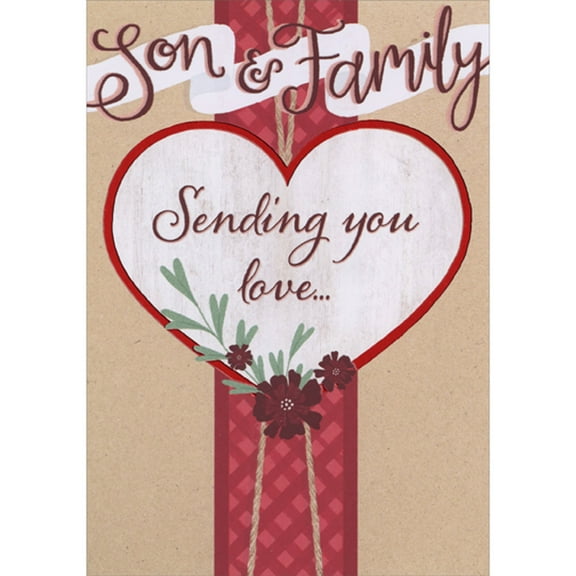 Designer Greetings Sending You Love: Heart Banner Over Red Diagonal Patterned Column Valentine's Day Card for Son and Family