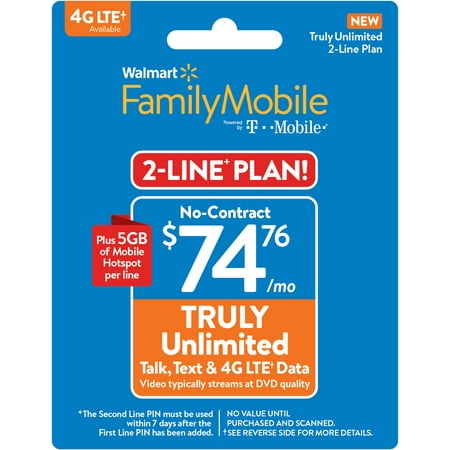 Walmart Family Mobile $74.76 TRULY Unlimited 2-line Plan w 5GB of Mobile Hotspot per line (Email