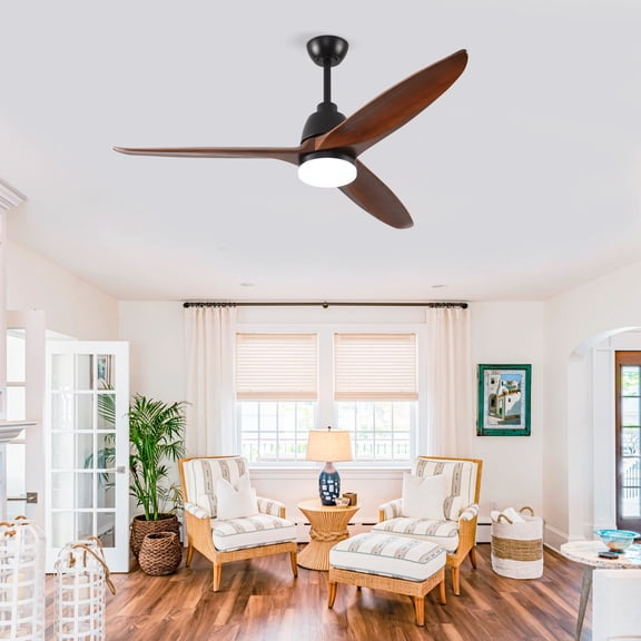 Modern Black Ceiling Fan With 3 Color Dimmable 3 Solide Wood Blades Remote Control Reversible DC Motor With Led Light 52 Inch