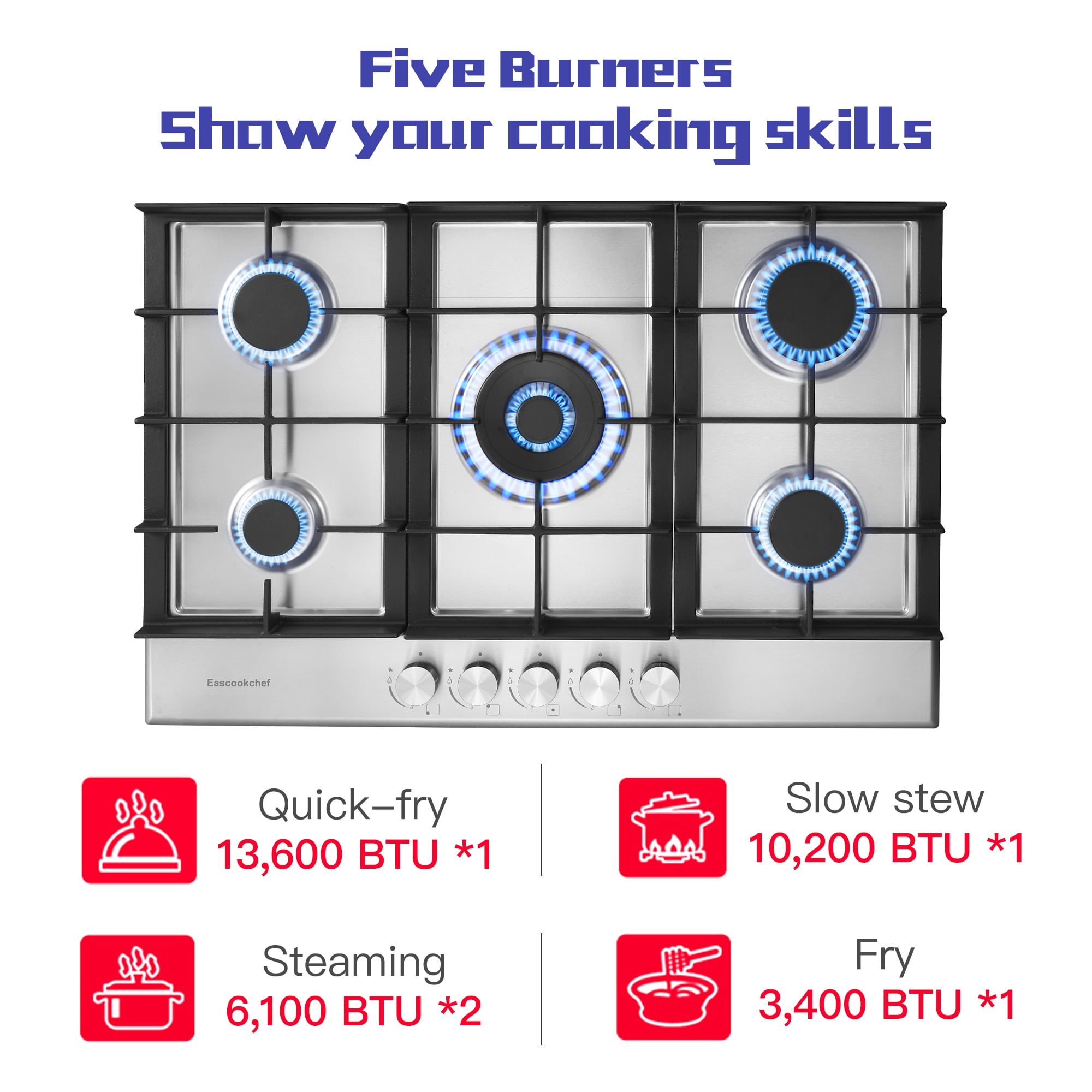 Amzgachfktch 5 Burners Gas Cooktop Stove Oven 30 inch Stainless Natural Gas/LPG Convertible Built-in
