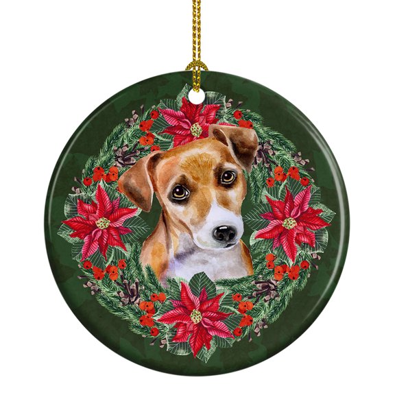Jack Russell Terrier #2 Poinsetta Wreath Ceramic Ornament 2.8 in x 2.8 in
