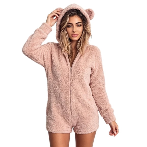 Women Winter Fuzzy Hooded Jumpsuit Cute Bear Ear Zip Up One Piece Outfit Warm Casual for Commute Loungewear