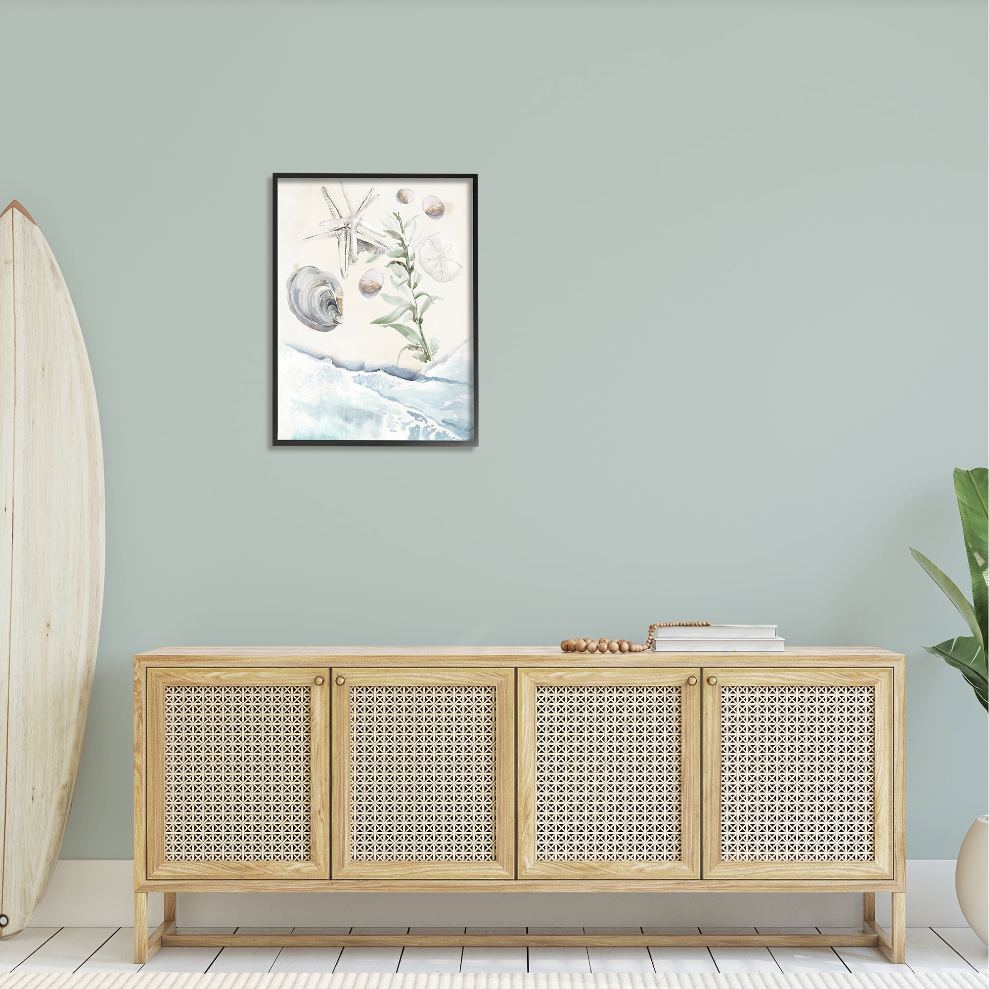 Stupell Starfish & Shells Lapping Beach Shore Landscape Painting Black Framed Art Print Wall Art