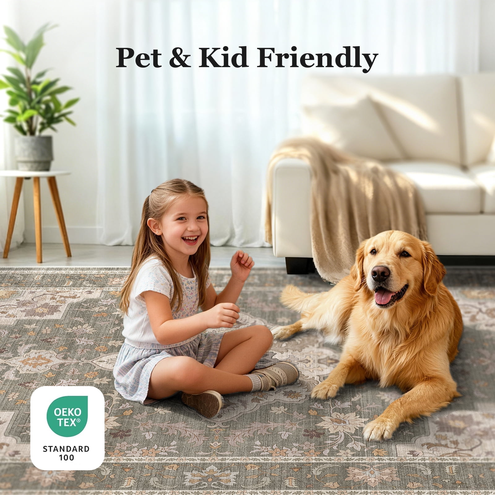 CHITOOMA 8'x10' Area Rugs for Living Room, Boho Machine Washable Floral Area Rug with Non-Slip Backing, Stain Resistant Non-Shed Carpet for Bedroom, Dining Room, Dorm, Office