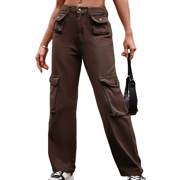 Frontwalk Women Denim Pants Zipper Jeans Solid Color Bottoms Beach Fashion  Cargo Trousers Straight Leg Jean Pant Coffee M 