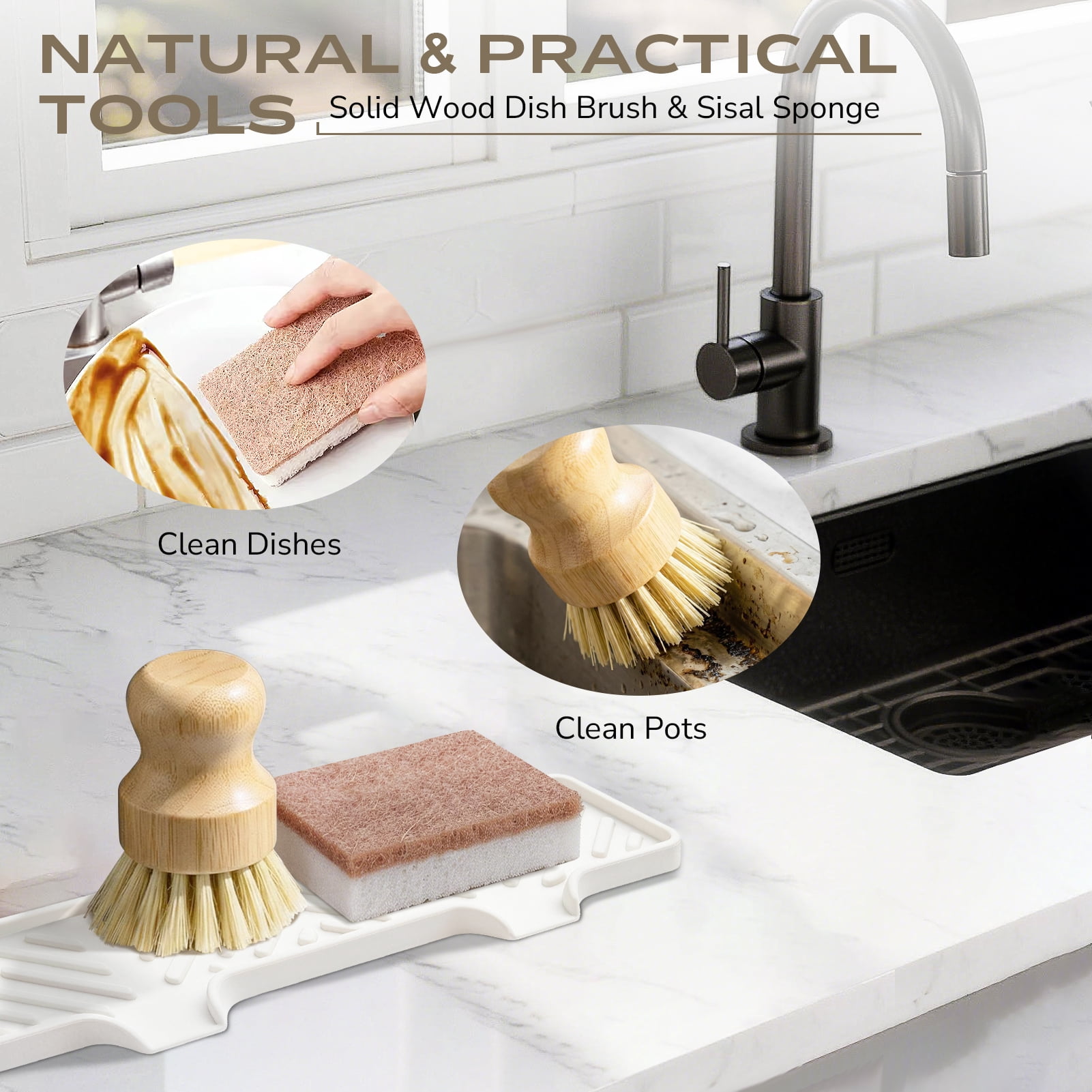 Kitchen Soap Dispenser Set - 17fl oz Glass Bottle, Stainless Steel Pump, Instant Dry Tray and Dish Brush for Bathroom, Office, Hotel, Modern Kitchen Decor & Accessories, Gold