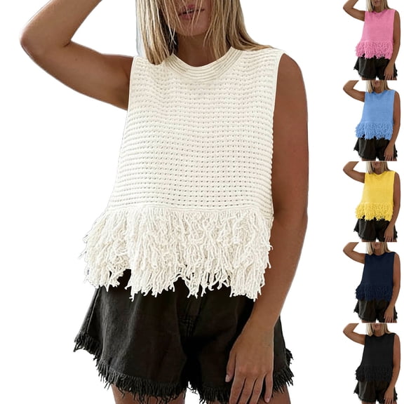 APEXFWDT Women's Tassel Knit Sweater Vest Crew Neck Sleeveless Summer Beach Casual Tank Top,L,Beige