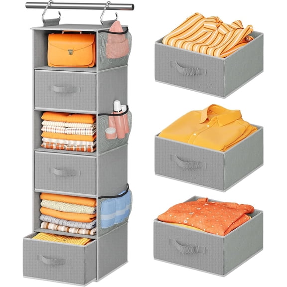Pipishell Hanging Closet Organizer 6-Shelf, Shelves for with 3 Removable Drawers & Side Pockets Bedroom, Garment Rack and Wardrobe Organization, 12' x 43.3', Dark Gray