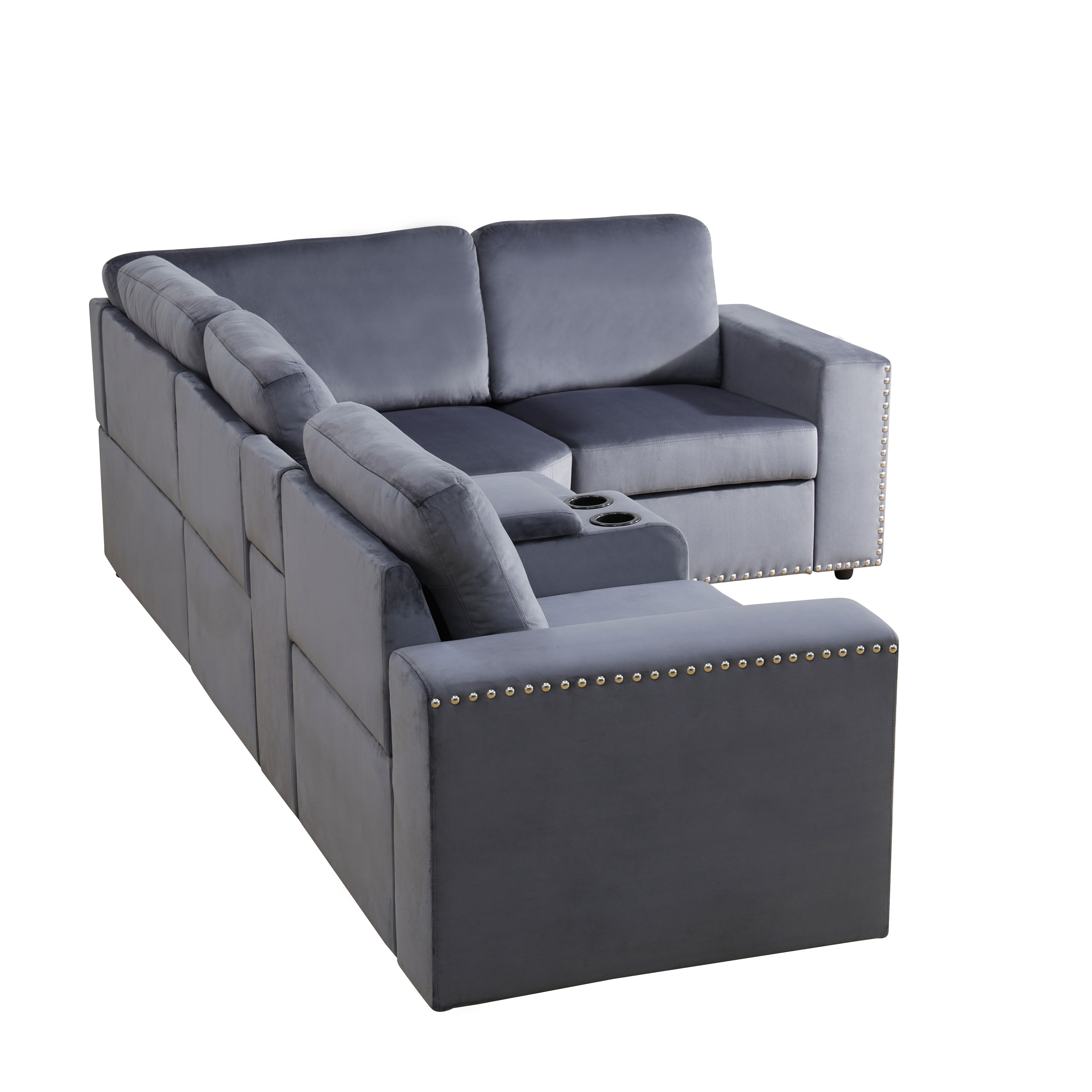 MAYEERTY Modular Corner Sofa, Flocking Fabric Couch with Console & Cup Holders, Dark Grey