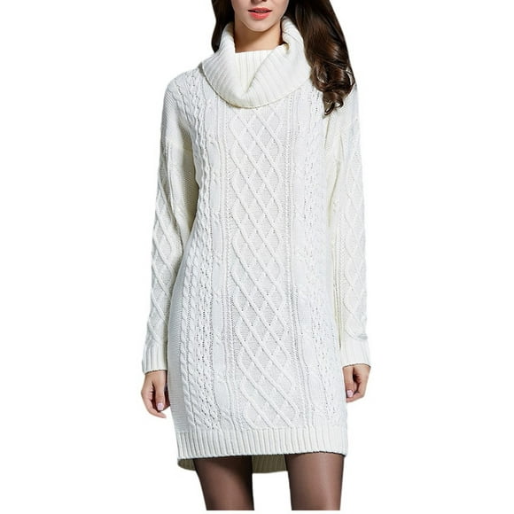 Lolmot Womens Solid Color High Collar Casual Knit Sweater Dress