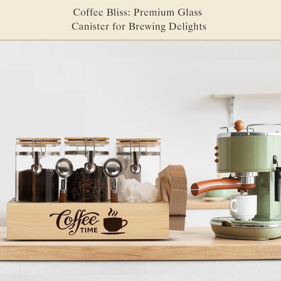 Glass Coffee Canister Set with Shelf & Spoons - 3 Piece Airtight Seal Coffee Bean Storage Containers & Filter Holder for Kitchen Organization