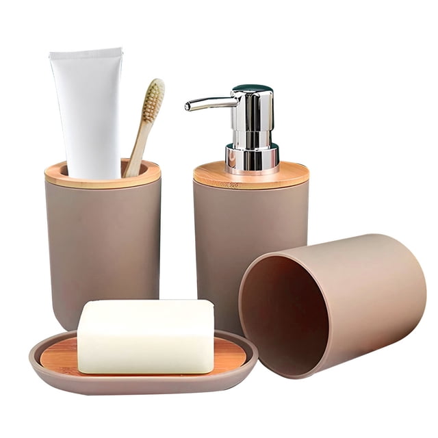 Accesorios de Baño 4 Piezas | Juego para Baño Moderno de Bambu | Juego de Accesorios de Plastico | Conjunto de 4 piezas para Baño