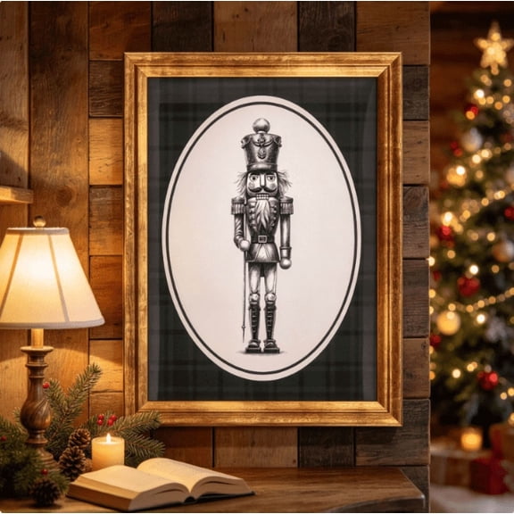 Nutcracker Print Framed Christmas Wall Art, Vintage Green Plaid Nutcracker Picture with Gold Frame for Holiday Home Decor