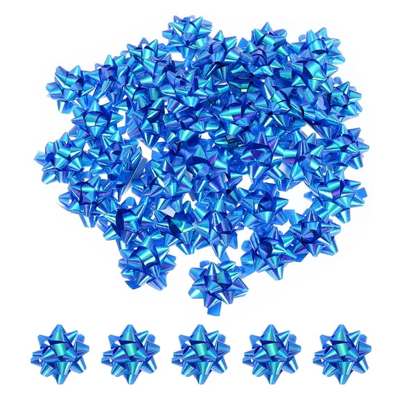 Uxcell 100Pcs Mini Moños de Regalo en Forma de Estrella, Pequeños Moños Autoadhesivos para Envolver Regalos de Navidad en Película Arcoíris Azul Oscuro