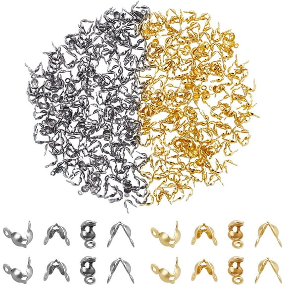400PCS 304 Stainless Steel Bead Tips Open Clamshell Fold-Over Bead Tips Knot Covers End Caps Knots Crimp Findings for Jewelry Making Bracelets Necklaces - Golden & Stainless Steel Color