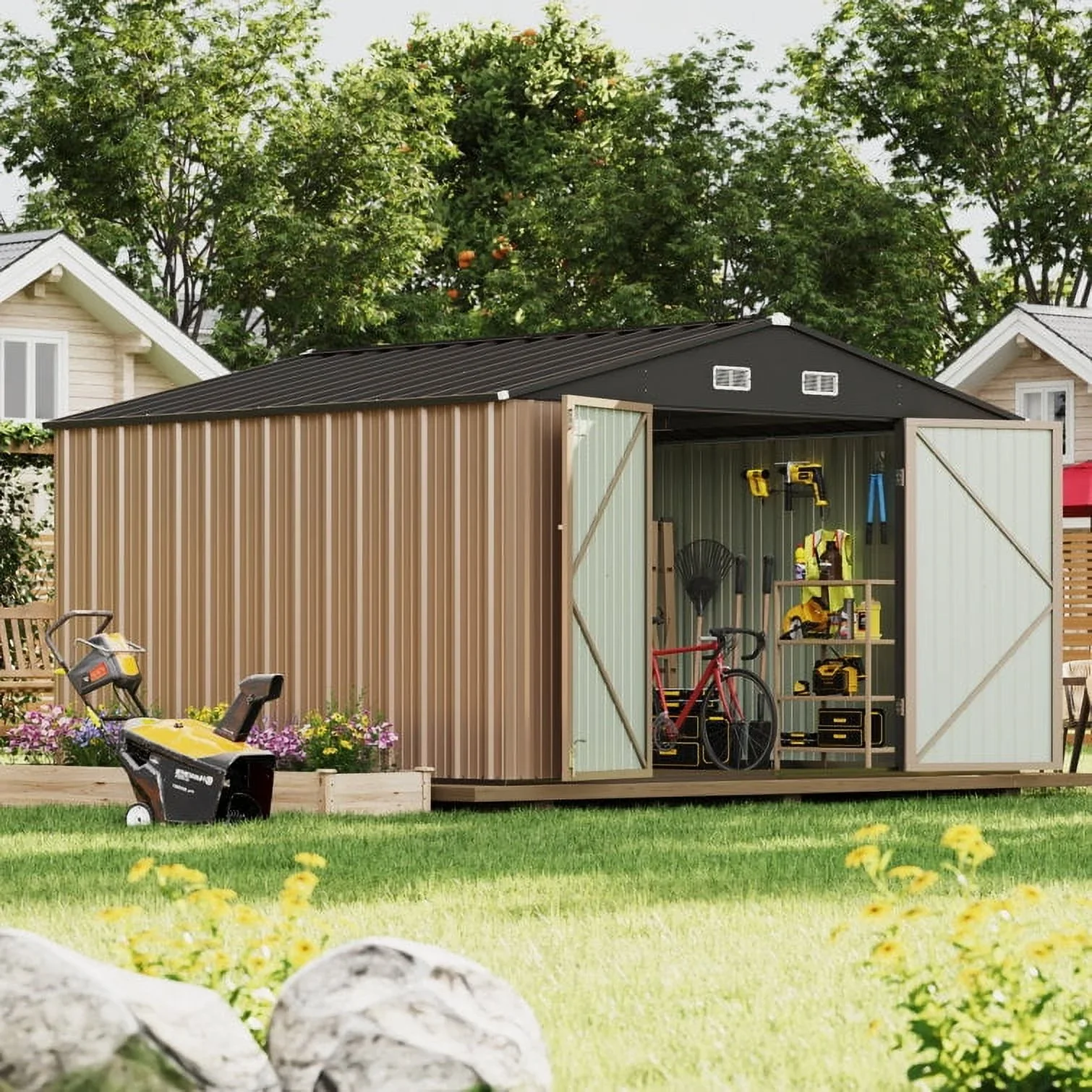 Homall 10x10ft Outdoor Metal Storage Shed with Lock, Durable Steel Backyard Shed, Brown