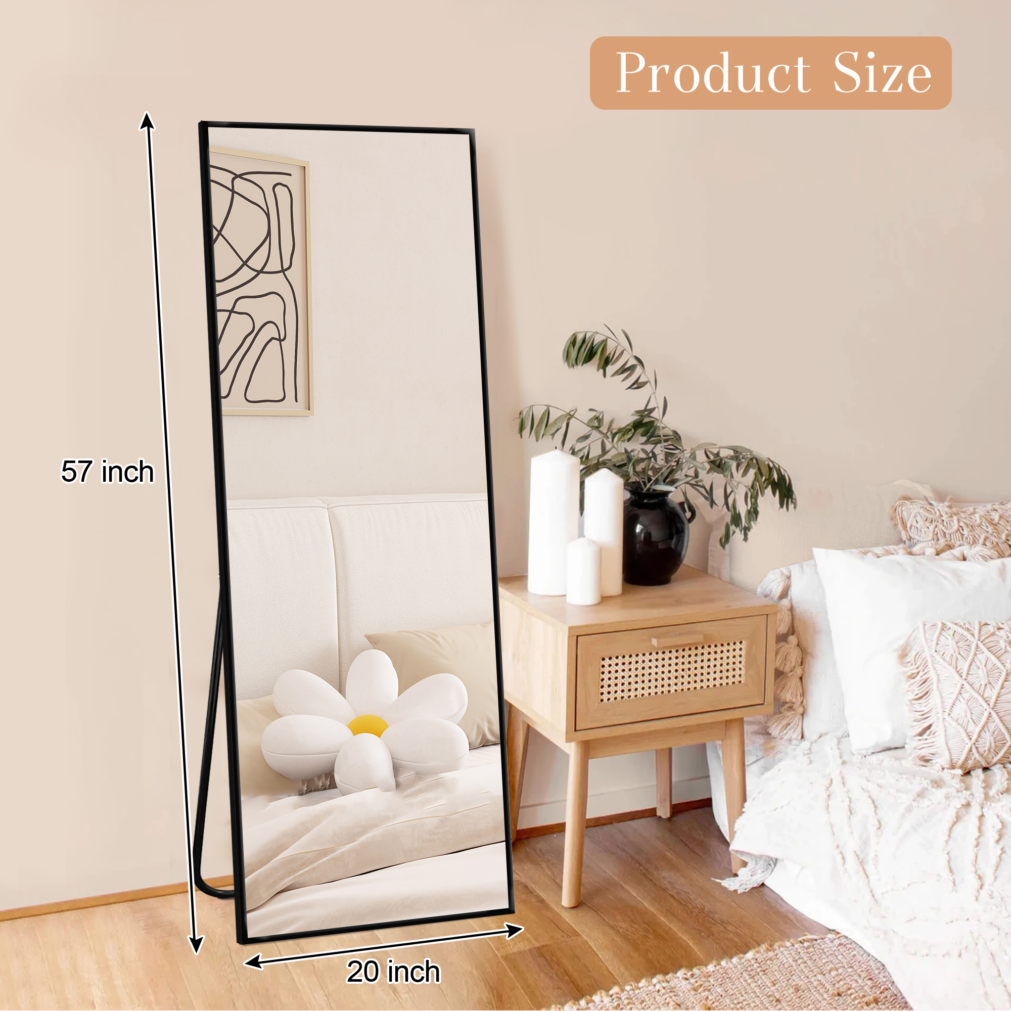 MAYEERTY Freestanding Full Length Mirror with Stand, Aluminum Alloy Framed Floor Mirror Wall Mounted for Bedroom Dressing Room, 57x20in, Black
