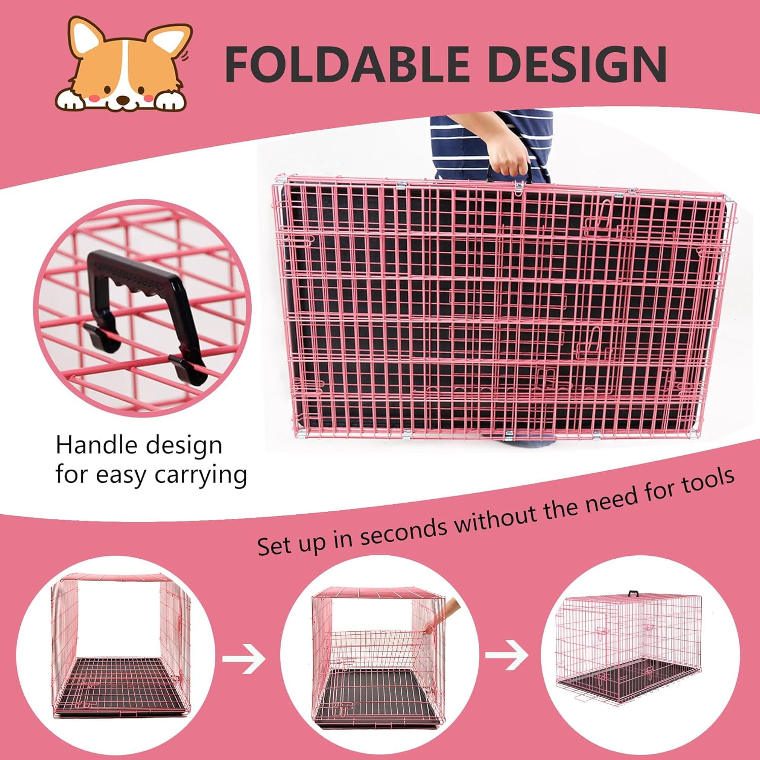 Dog Crates for Large Dogs 48 Inch Folding Mental Wire Crates Outdoor and Indoor Pet Dog Cage with Double-Door, Divider Panel, Removable Tray, Pink