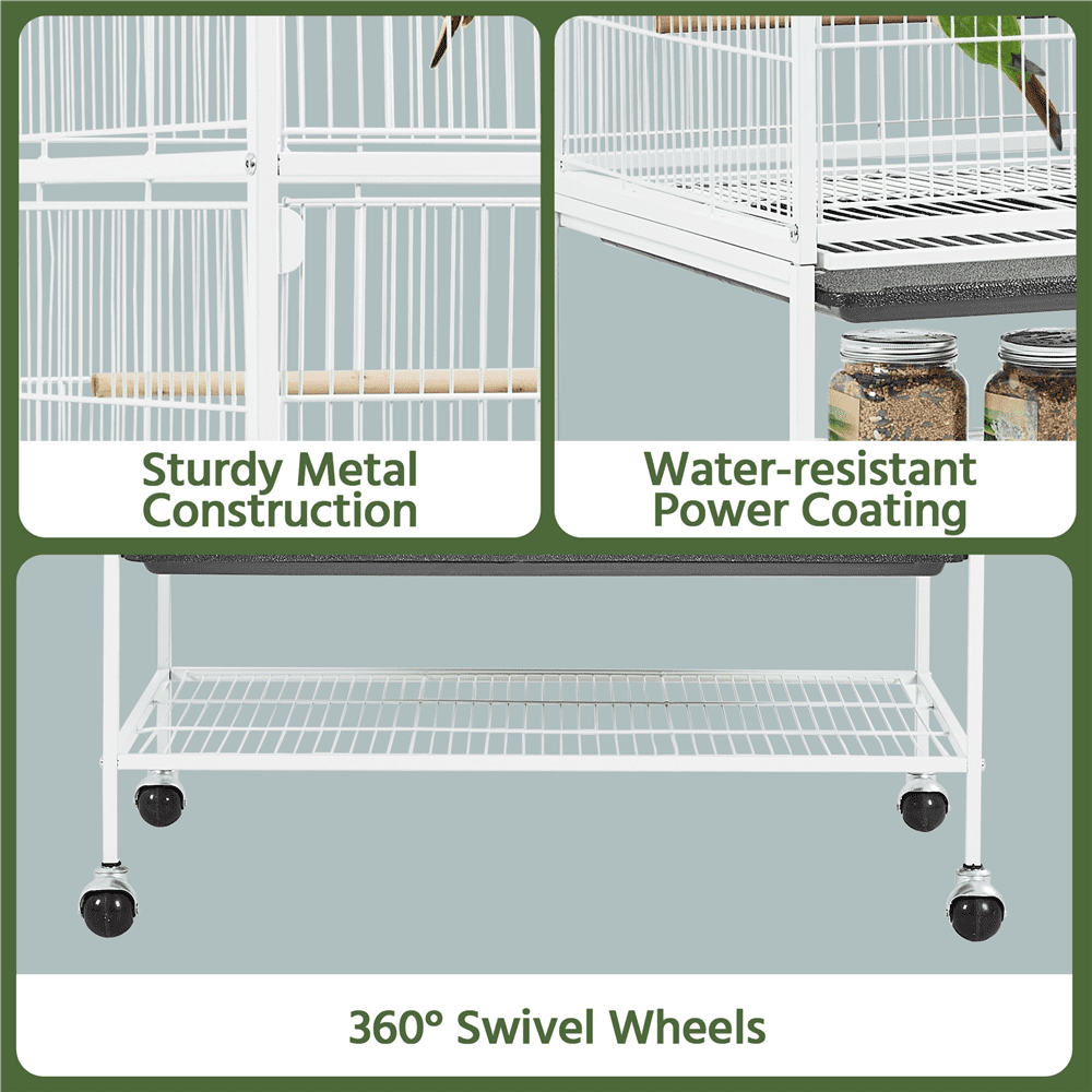 Alden Design 52″ H Rolling Metal Parrot Cage with 3 Perches & 4 Feeders & Extra Storage Shelf, White