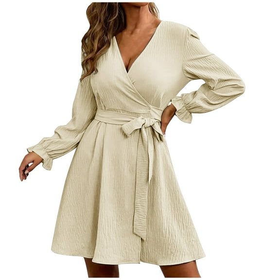 Womens Wrap V Neck Long Sleeve Casual Dress Tie Waist Solid Color A Line Dress Loose Comfy Party Dress for Women