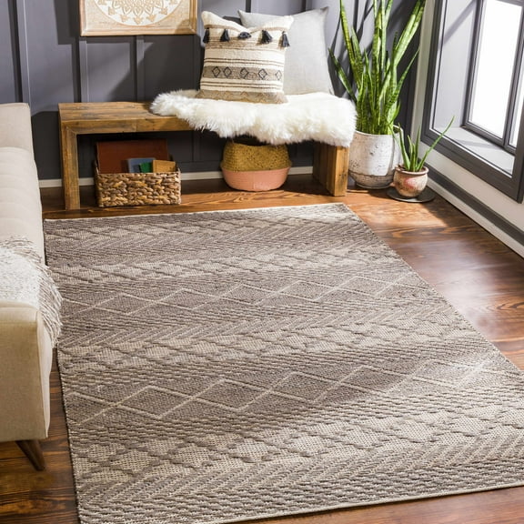 Hauteloom Abuyon Jute Living Room, Bedroom Area Rug - Bohemian, Transitional - Charcoal, Peach - 2' x 3'