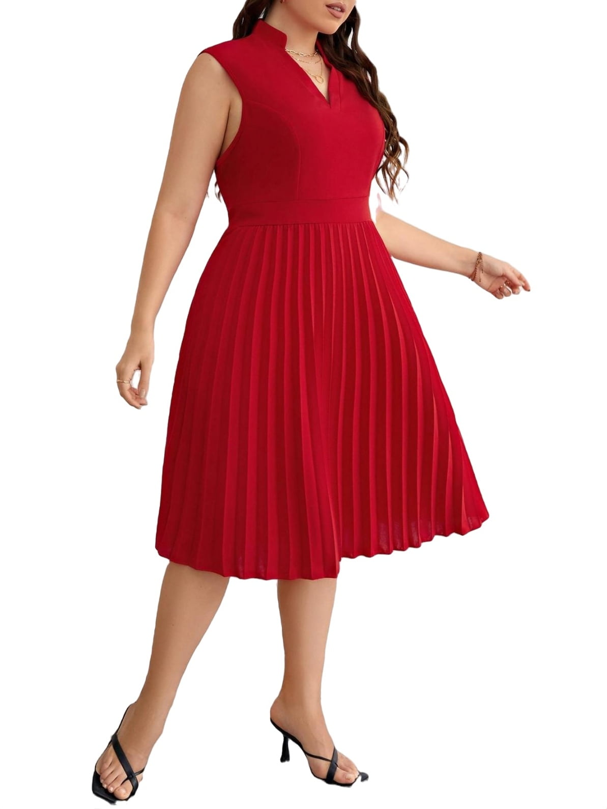 Womens Plus Size Dresses Elegant Plain Notched A Line Red 3XL