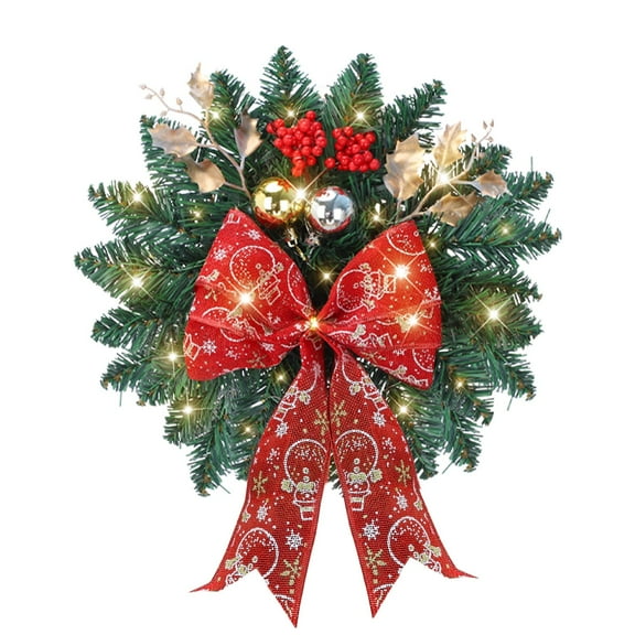 Tkrady 1 Pcs Lighted Christmas Wreath, 13.8 Inch LED Christmas Wreaths with Bow, Small Lighted Xmas Window Wreaths for Front Door Wall Christmas Party Decor (Classic)