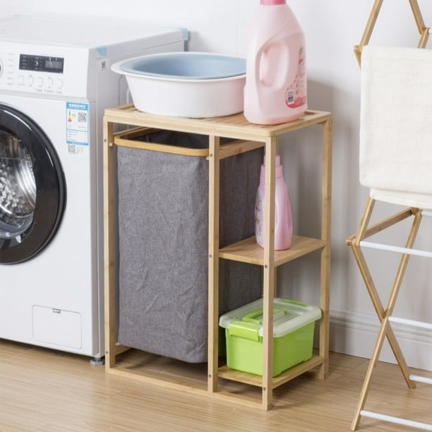 Tilt Out Laundry Hamper, 2Tier Horizontal Bamboo Hamper with 3 Shelves