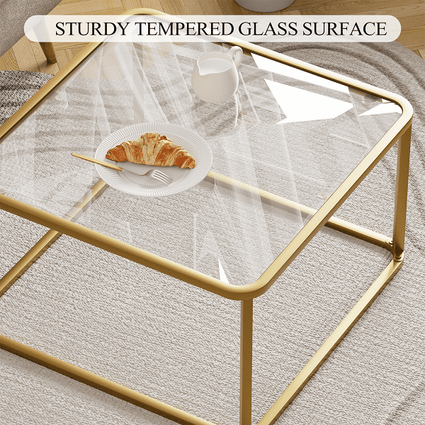 Coffee Table Glass, Minimalist Square Tables for Living Room, Modern Center Table for Office or Small Space, Tempered Glass, Sturdy Metal Frame, Easy Assembly, 26.4 x 26.4 x 15.7 Inches Gold