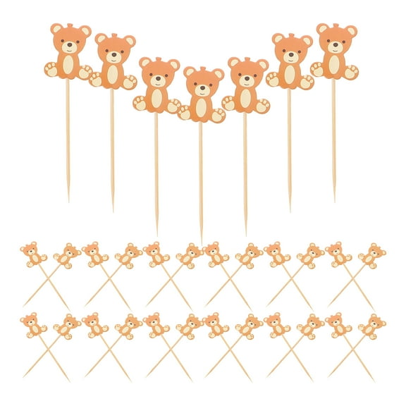 WHAMVOX 60Pcs Brown Bear Cake Picks Bamboo and Paper Animal Cupcake Toppers for Birthday Party Decorations