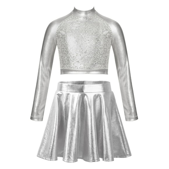 TiaoBug Costume de Danse Latine Jazz Hip Hop pour Filles Enfants Costume de Performance Manches Longues Haut Court à Sequins avec Jupe Ensemble Argent 6