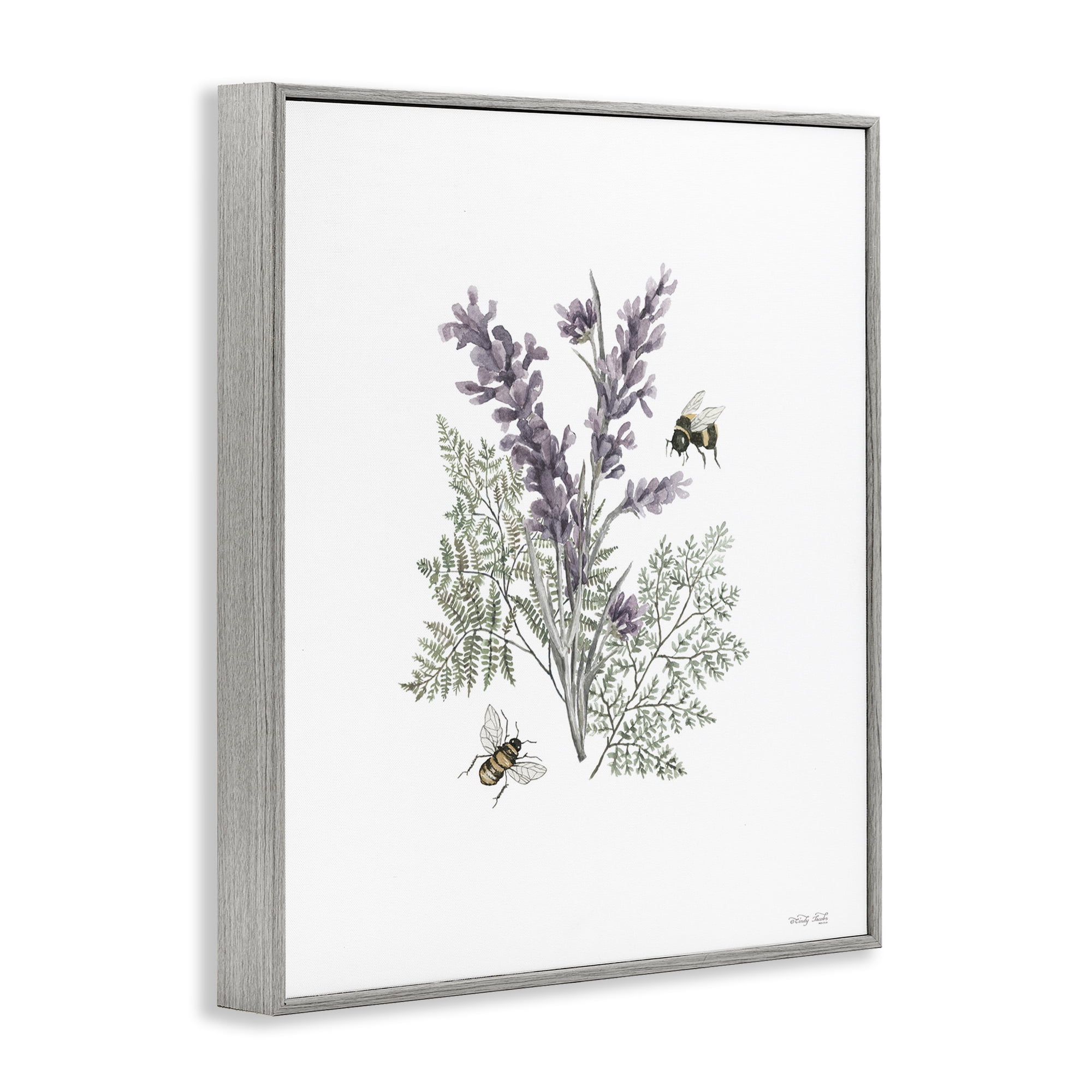 Stupell Industries Bumble Bees & Lavender Animals & Insects Painting Gray Framed Art Print Wall Art, 11 x 14