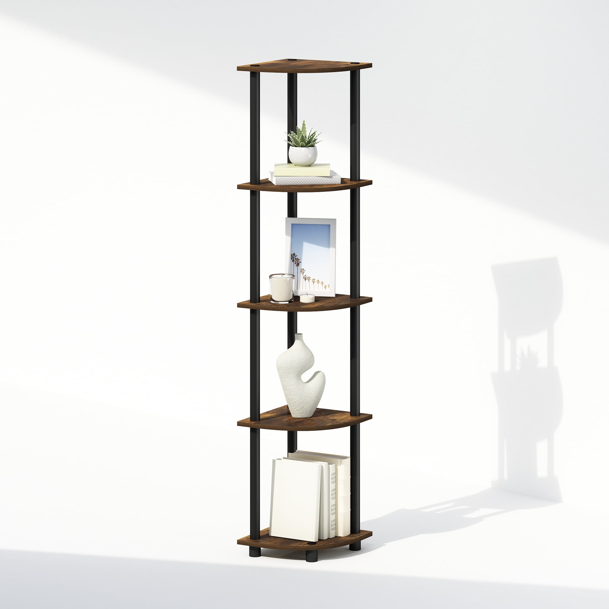 Furinno Turn-N-Tube 5 Tier Corner Display Bookcase, Particle Board Amber Pine/Black, 9 lb