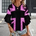 thumbnail image 3 of Pink Sparkling Union Jack Women's V-Neck Blouse With 3/4 Ruffled Bell Sleeves Casual Top Ladies Blouses, 3 of 7