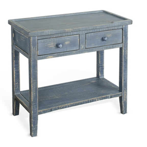 Rena Side End Table, 2 Drawers 1 Shelf, 28 Inch Rustic Blue Mahogany