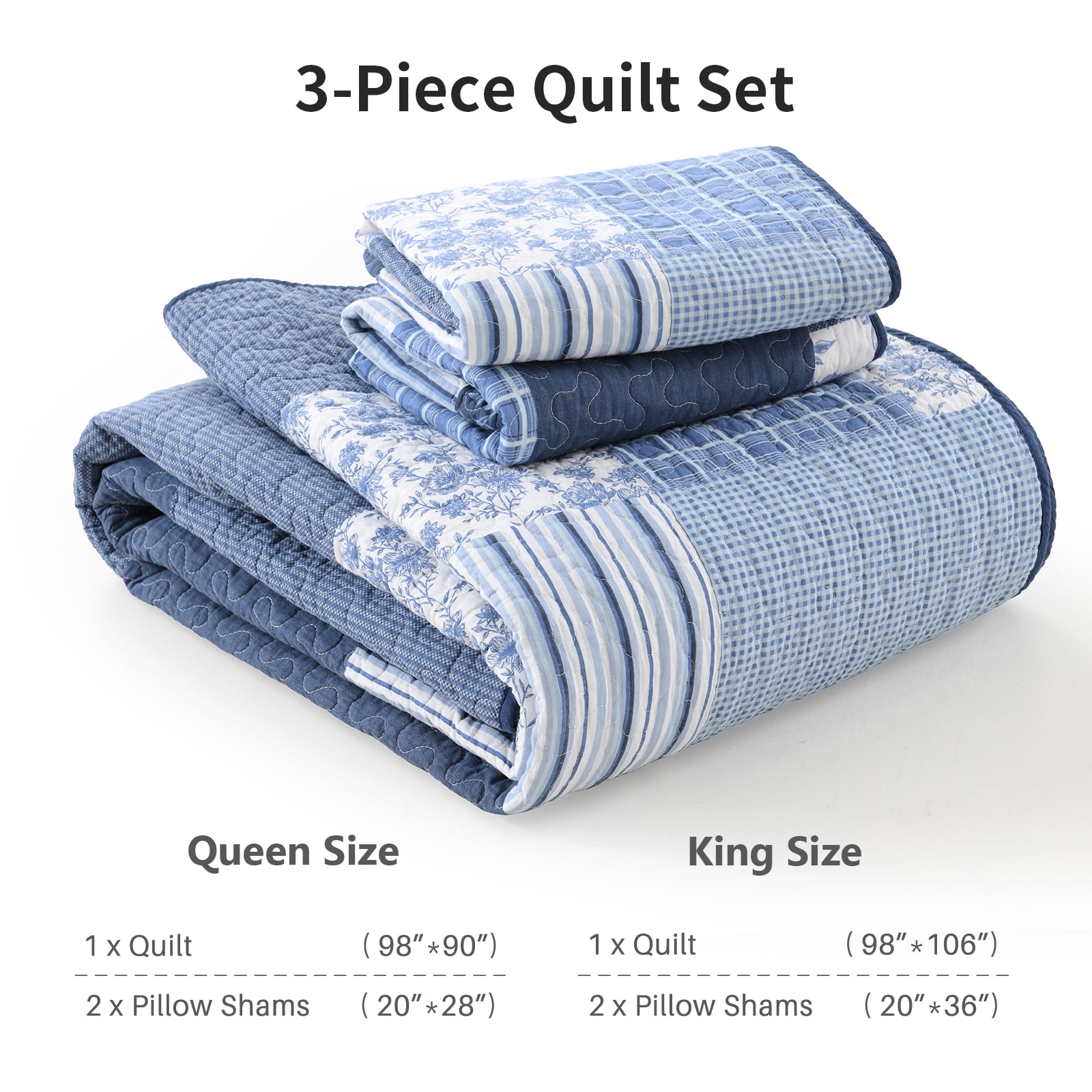 DDUOXIN Blue King Size Quilts - 100% Cotton King Size Bedspread Quilt Set, Floral Plaid Quilt for King Bed, Lightweight Reversible Bed Spread Bedding Set with 2 Pillow Shams for All-season, 3-Piece