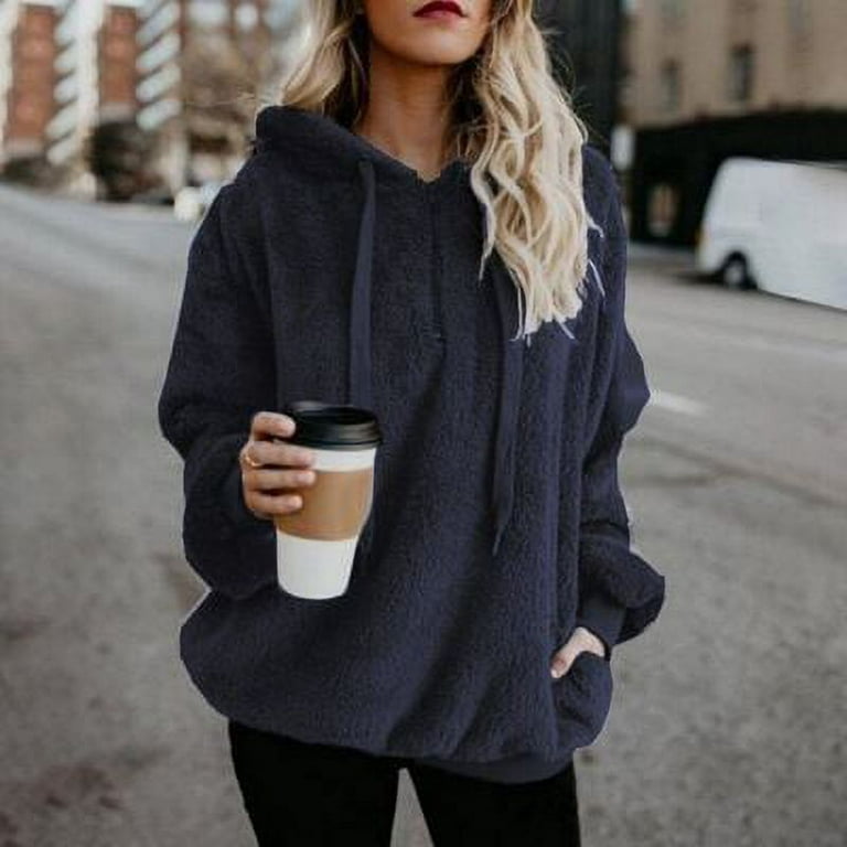 ONTNO Womens Blue Cozy Pockets Sherpa Pullover Fuzzy Fleece Sweatshirt  Oversized Hoodies S-3XL 