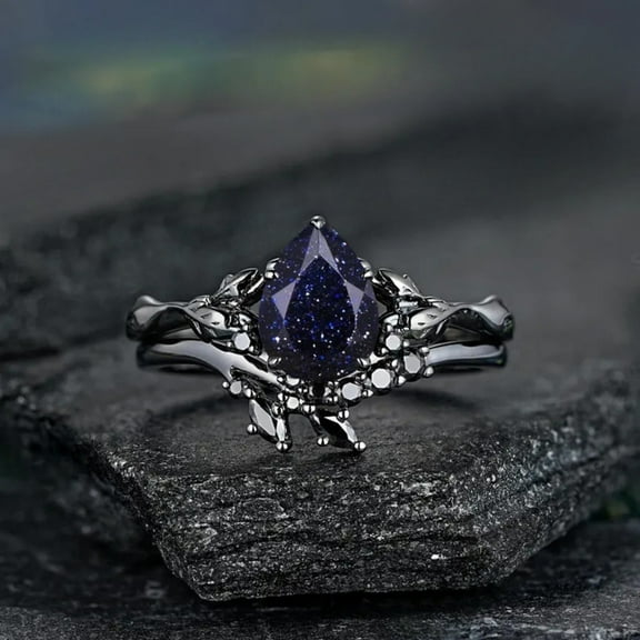 Pear Galaxy Blue Sandstone Wedding Ring Set – Leaf Nature-Inspired Starry Sky Engagement Rings in 14K Black Gold Vermeil – Anniversary Rings for Women