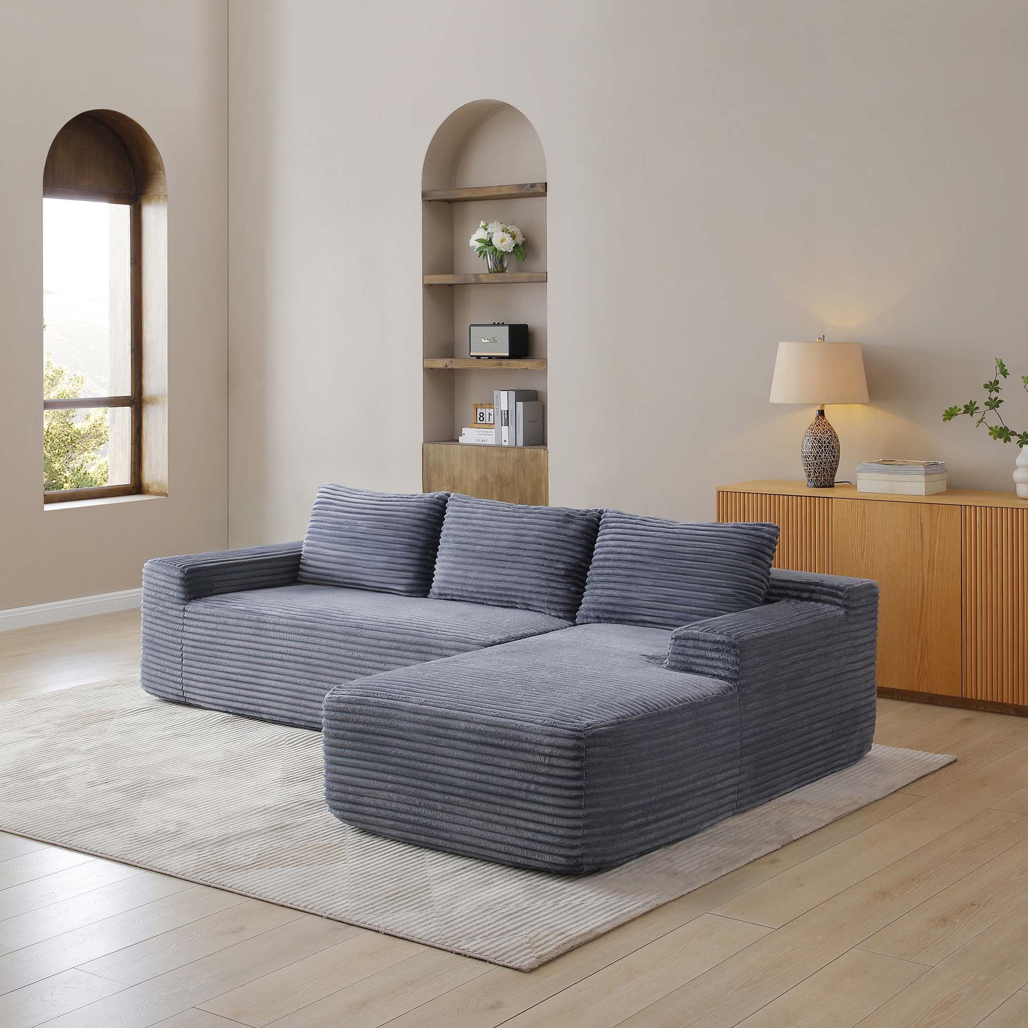 Miniyam Contemporary 97" Sectional Sofa, Deep Seat L-Shape + Chaise, Corduroy & No Assembly (Right Facing Chaise, Grey)